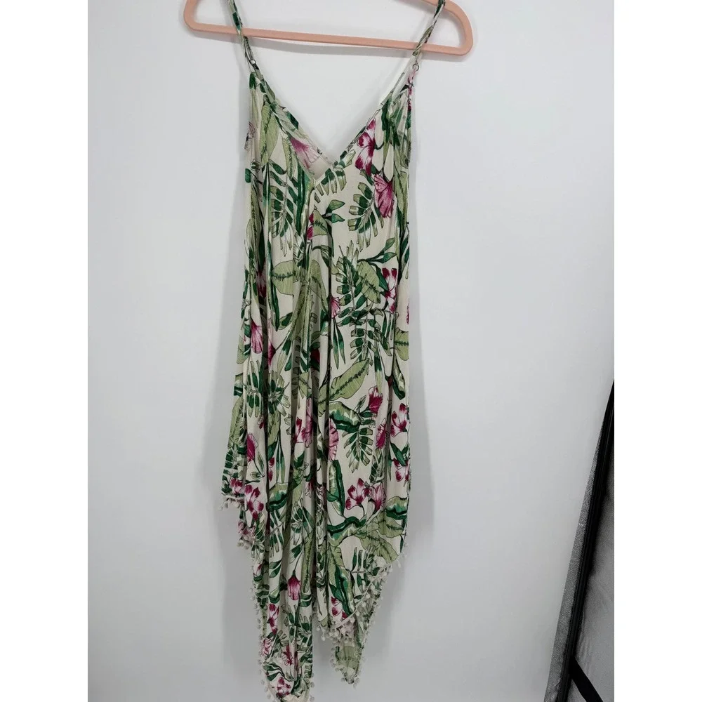 Goa Japna Beach Coverup Women Medium Cream Tropical Floral Pom Pom‎ Trim Dress